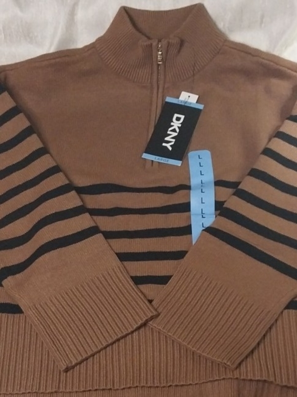 DKNY Brown and Black Striped Quarter Zip-Neck Sweater